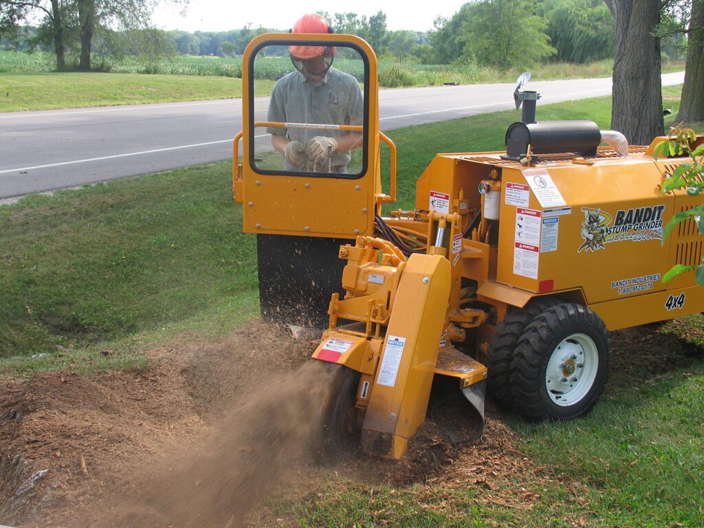 image of tree service worker using stump grinder effectively